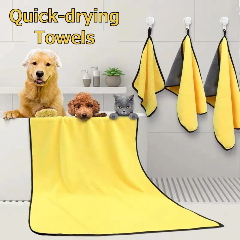 Dog wrapped in a soft, quick-drying towel after bath