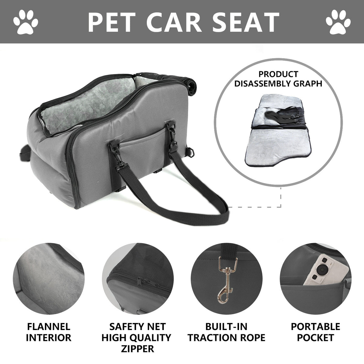 Side view of the portable pet car seat attached to console